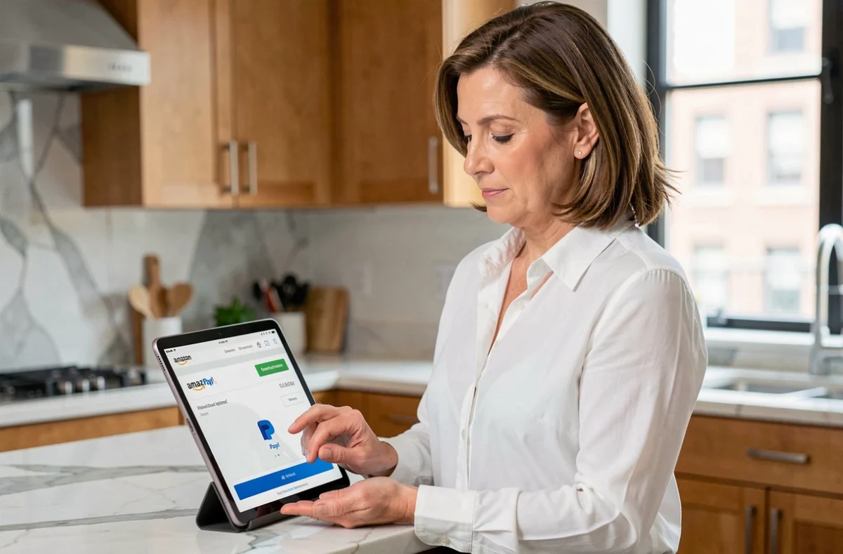 Femme sélectionnant PayPal comme mode de paiement sur Amazon via une tablette dans une cuisine moderne