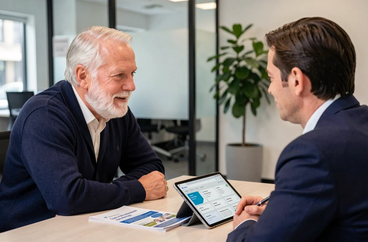 Senior homme en consultation avec un conseiller en assurance voyage