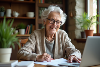 Femme senior souriante avec documents de retraite