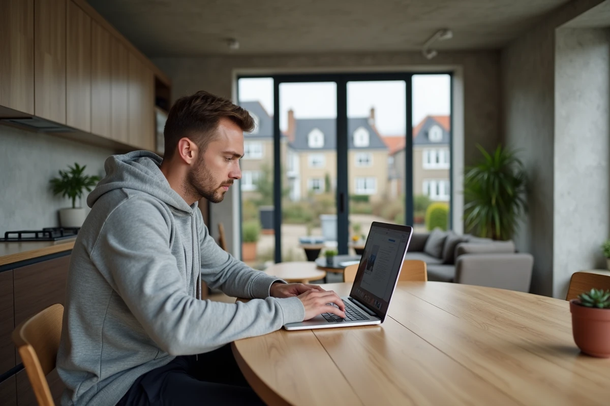 Jeune propriétaire simulant son crédit immobilier en ligne dans son appartement en Bretagne avec le soutien de CA22