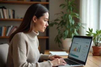 Femme simulant son épargne sur le Livret A CIC depuis un ordinateur portable à son bureau à domicile
