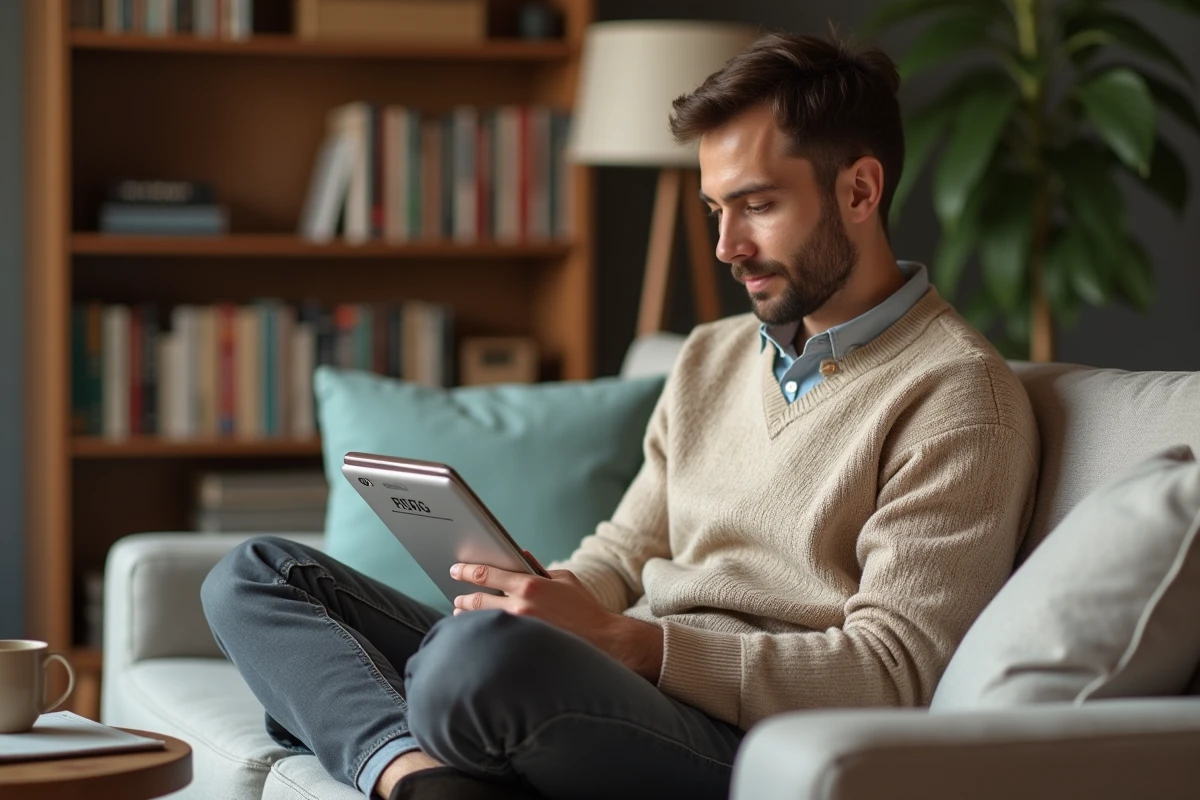 Personne consultant un simulateur de solde de tout compte sur tablette à domicile avant démission