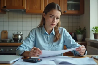 Jeune femme consultant sa fiche de paie et ses calculs de salaire net au Smic à 25h par semaine dans une cuisine d'appartement