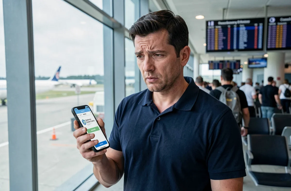 Homme souscrivant une assurance annulation voyage sur smartphone dans un aéroport