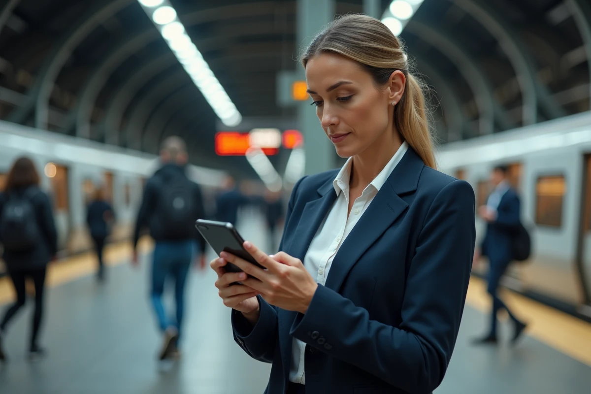 Femme suivant la cotation ArcelorMittal en temps réel sur mobile dans une gare urbaine