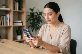 Femme consultant le taux de change dirham marocain euro sur son smartphone depuis un bureau à domicile