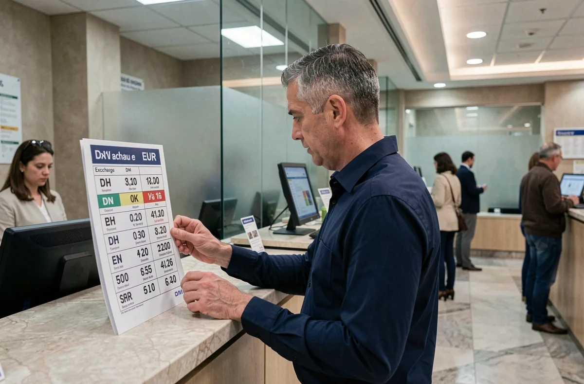 Homme consultant un tableau de taux de change dirham euro dans une agence bancaire