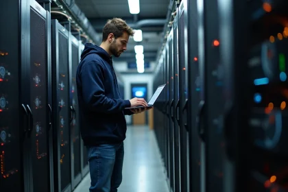 Technicien en hoodie examine un rack de minage crypto