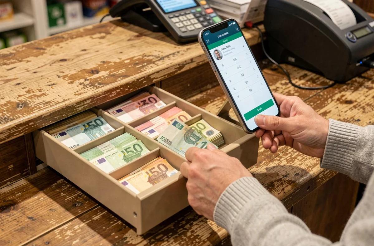 Tiroir-caisse organisé avec billets en euros et calculatrice de distribution sur smartphone pour caissier