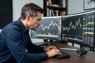 Trader professionnel concentré devant des graphiques forex en temps réel lors de l'ouverture de la session de Londres