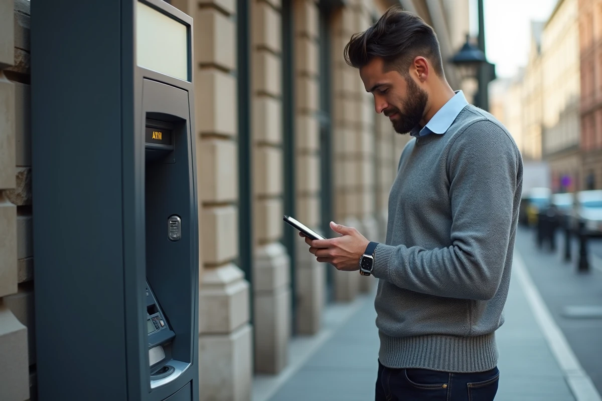 Homme validant une opération bancaire Société Générale avec authentification forte depuis son smartphone en ville