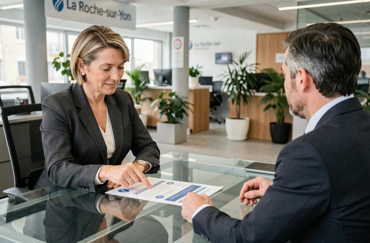 Conseillère patrimoniale de Valority Gestion de Patrimoine à La Roche-sur-Yon présentant une brochure à un client