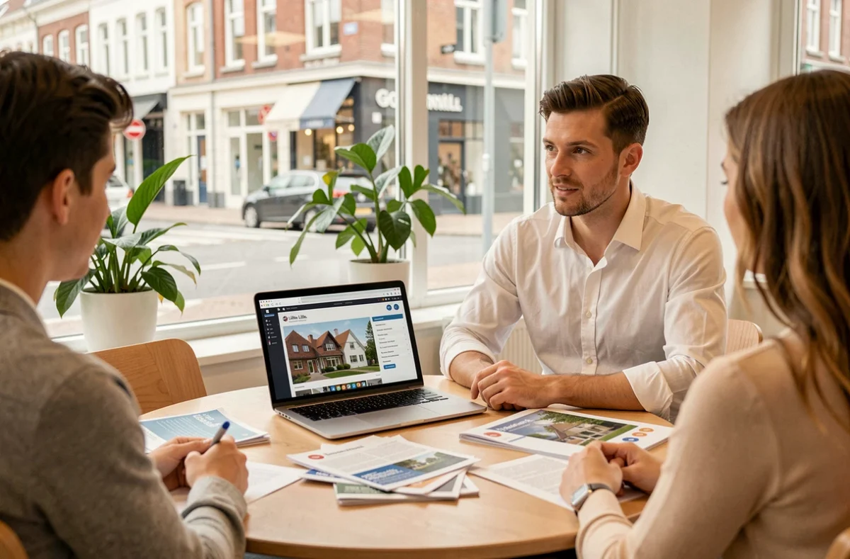 Courtier Vousfinancer Lille conseillant un couple sur leur projet de prêt immobilier dans une agence moderne à Lille