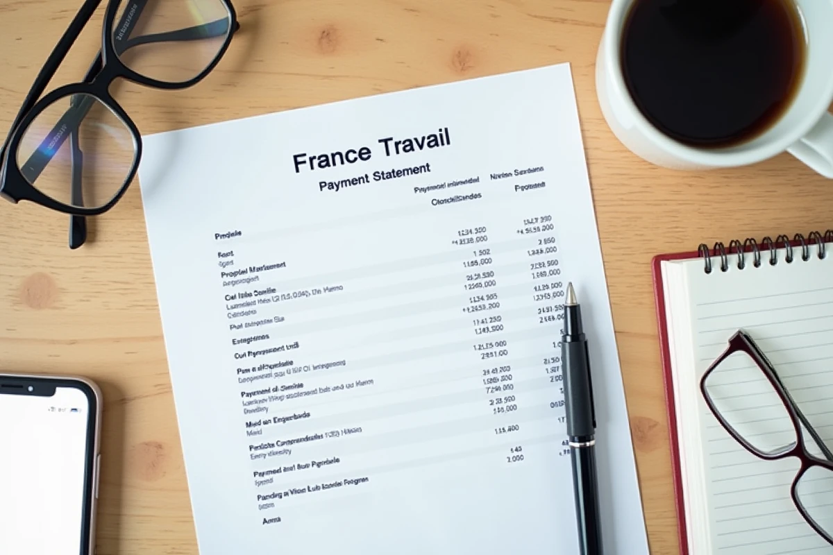 Vue de dessus d'un relevé de paiement Pôle emploi 2026 avec stylo, lunettes et smartphone sur un bureau en bois
